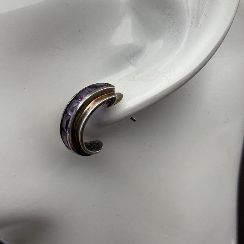 Sterling Silver 925 Channel Set Purple Amethyst Open Hoop Earrings Pierced - Picture 10 of 13